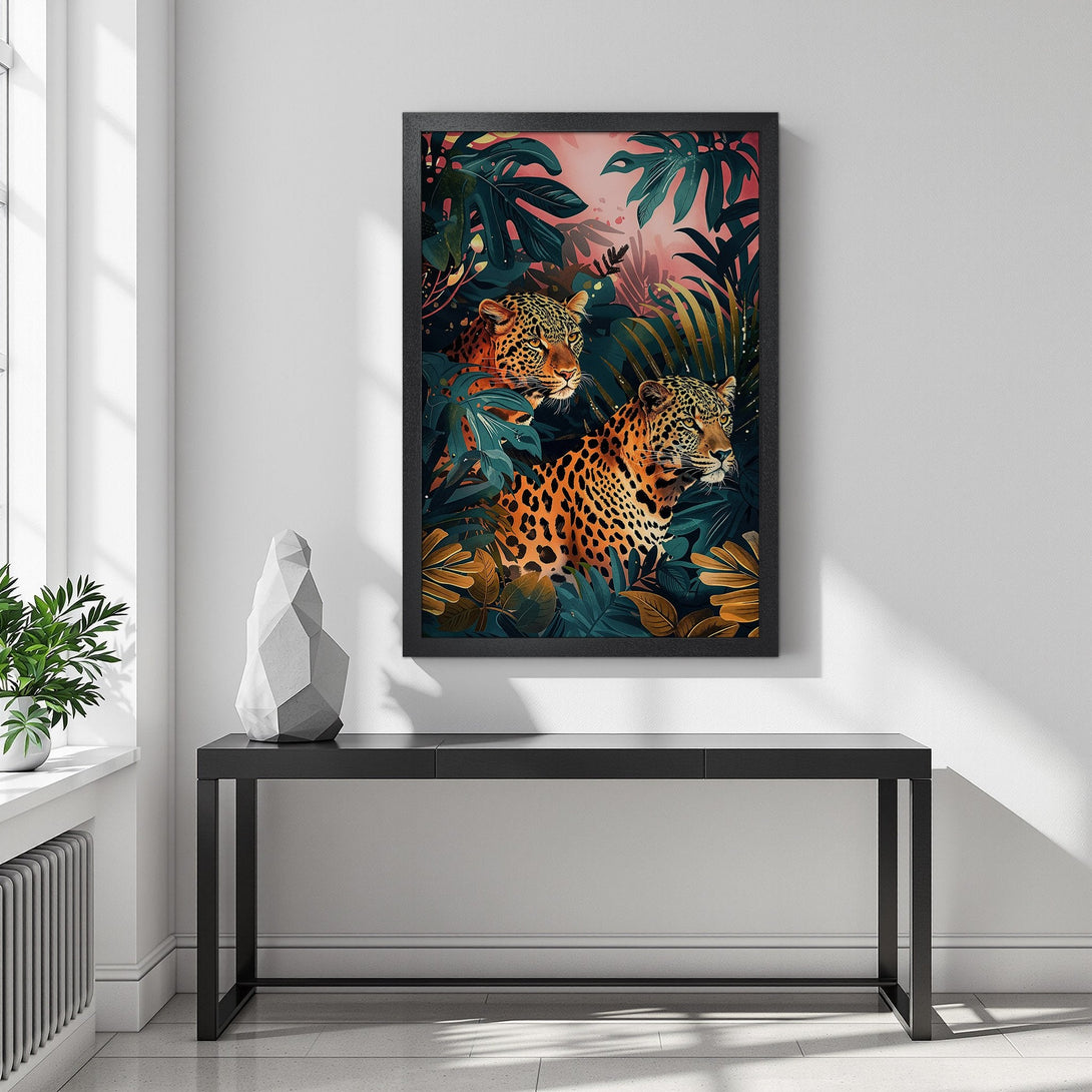 Framed Poster featuring leopards in a jungle scene. Tropical style with teal, gold, and orange color palette. Add a touch of the wild to your decor!