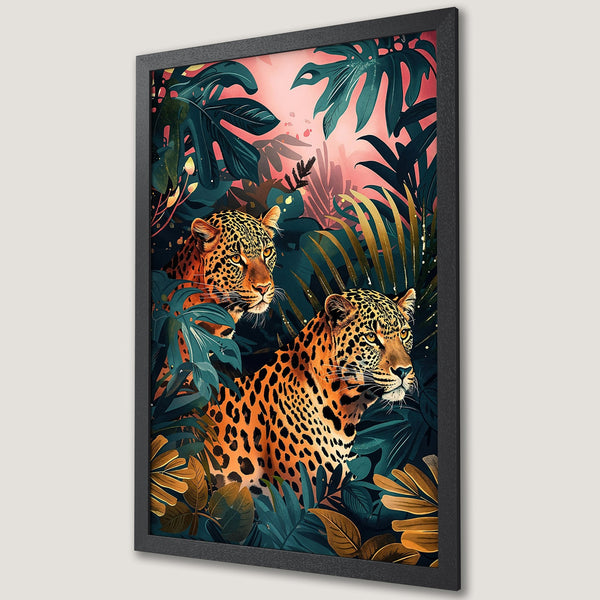 Framed Poster featuring two leopards in a jungle setting with a vibrant teal, orange, and gold color palette, perfect wall art.