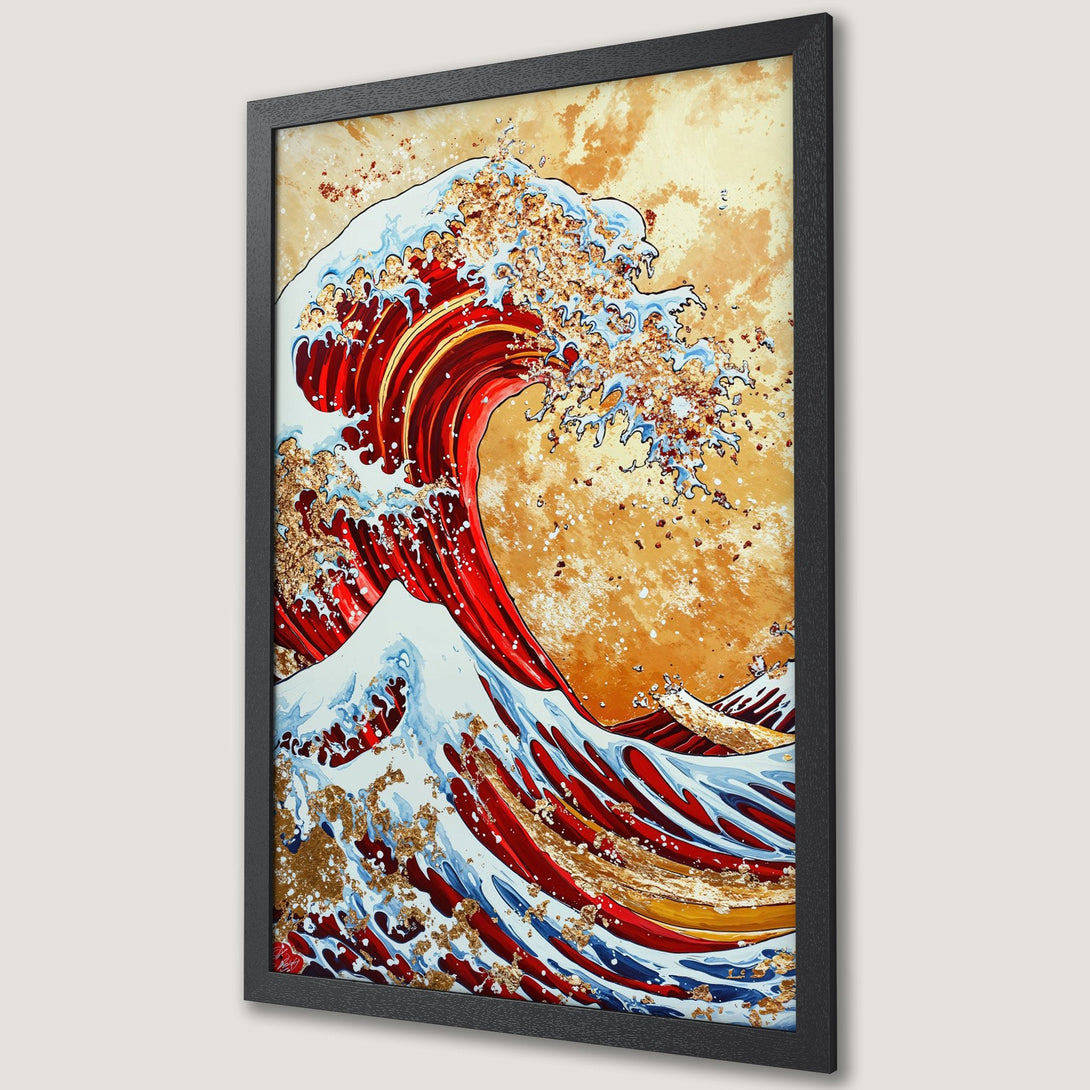 Framed Poster of a vibrant wave in a Japanese art style, featuring red, gold, and blue hues. Perfect wall art for any space.