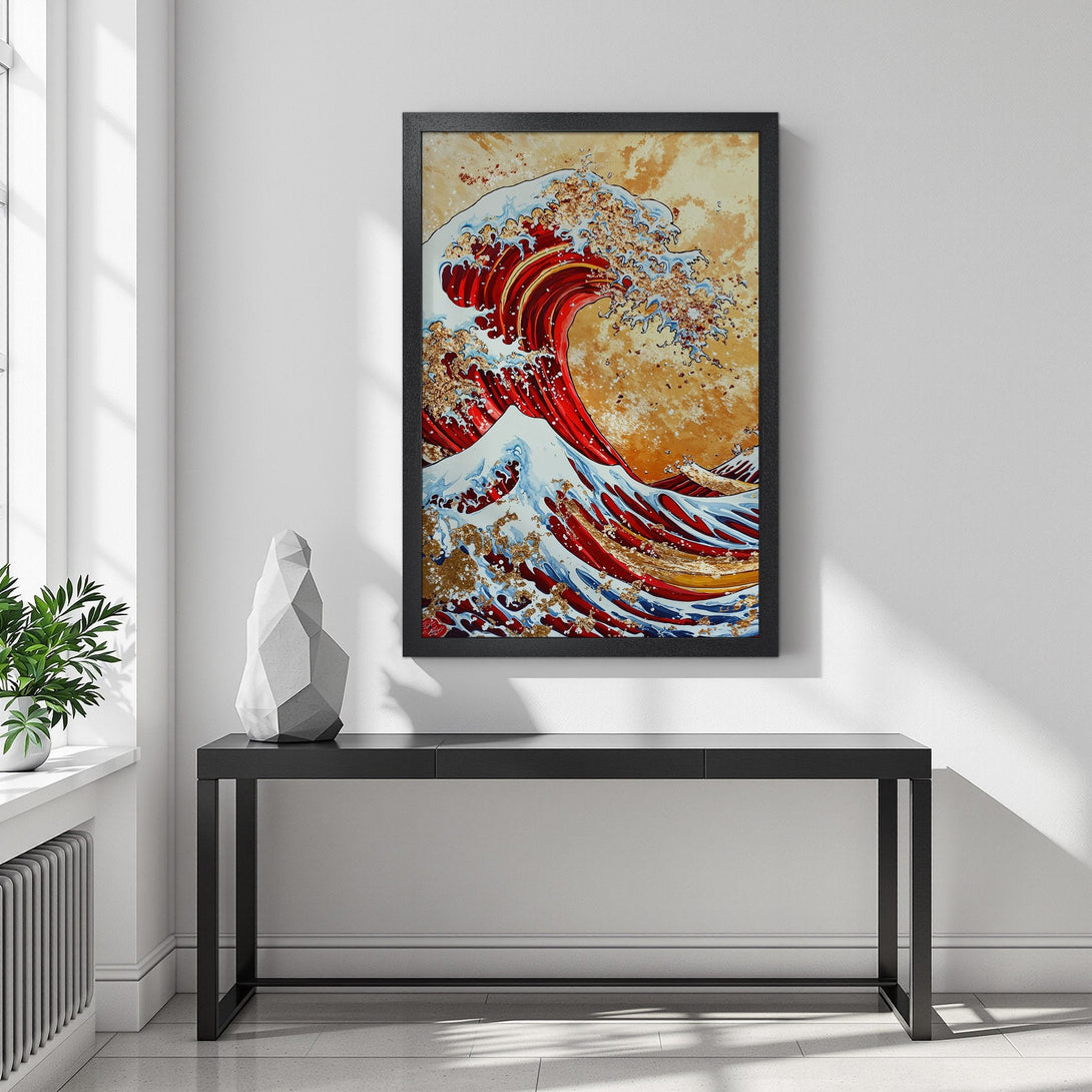 Framed Poster featuring a vibrant wave design in red, gold, and blue hues. Perfect wall art to elevate your space!