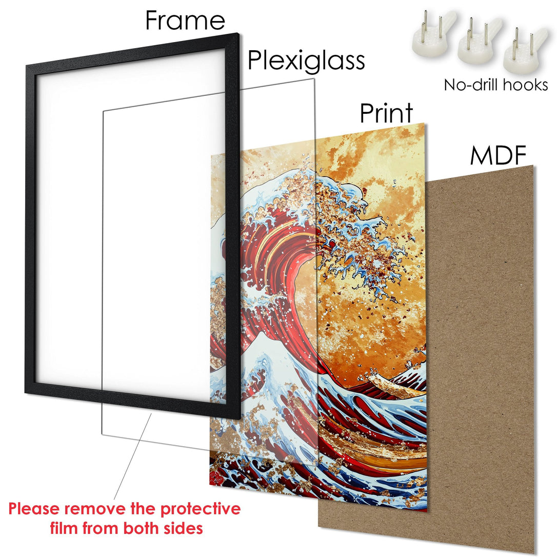 Framed Poster of a wave in a vibrant, artistic style with red, blue, and gold tones. Ready to hang!