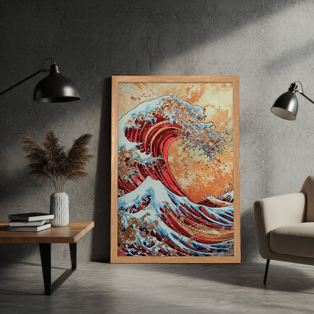 Framed Poster featuring a Japanese wave art print. Bold red, blue, and orange color palette, perfect for modern home decor.
