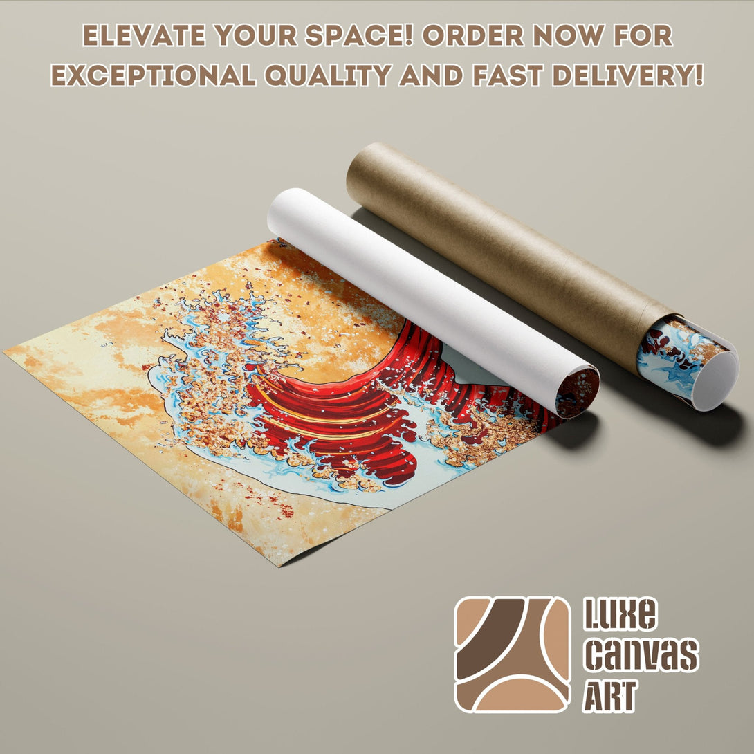 Art print Poster Roll featuring a wave design in red, blue, and gold. Elevate your space!