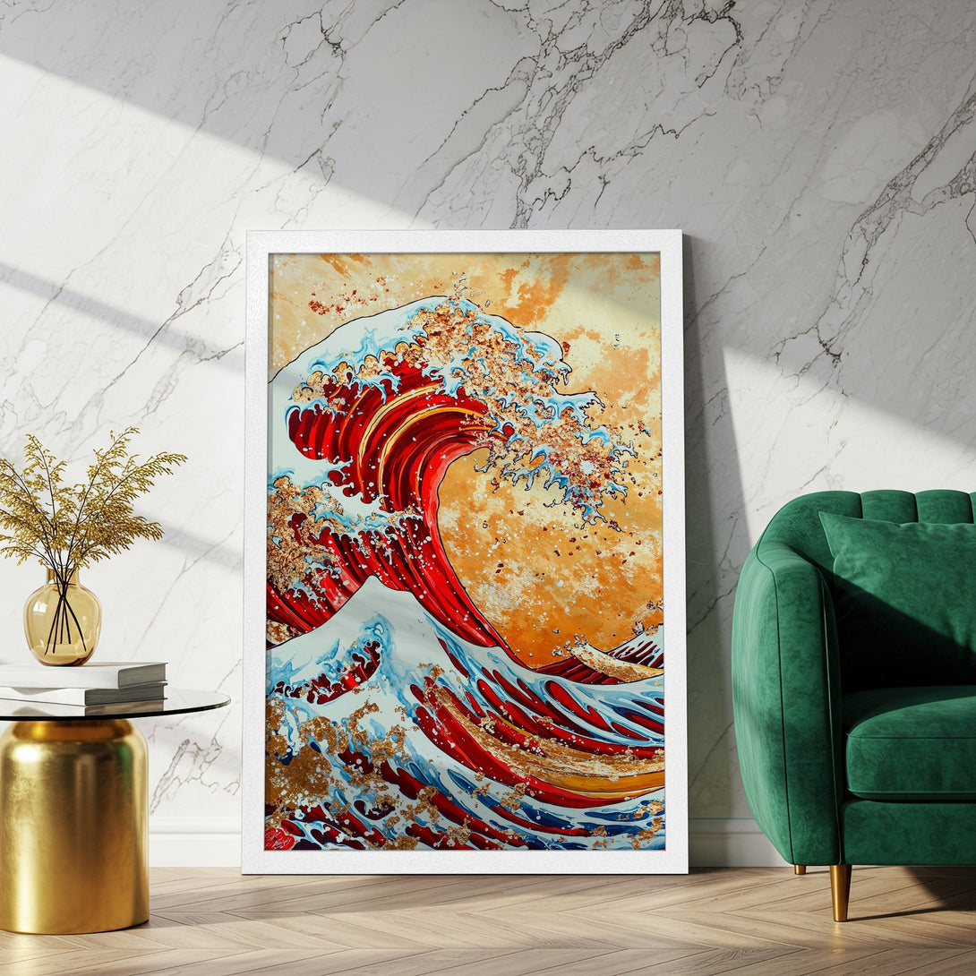 Framed Poster featuring a vibrant wave in a Japanese art style. Red, blue, and gold color palette. Perfect wall art for your home.