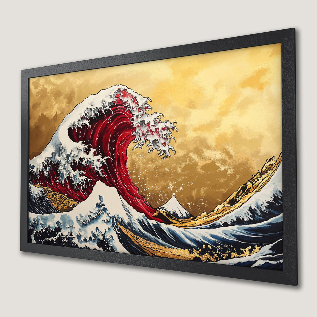 Framed Poster: Japanese wave art print in red, gold, and blue. Perfect wall decor for a modern home.