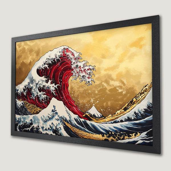 Framed Poster: Japanese wave art print in red, gold, and blue. Perfect wall decor for a modern home.
