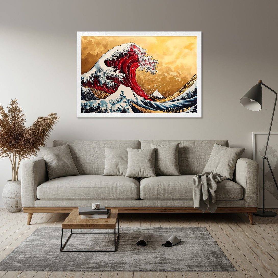 Framed Poster of a vibrant red wave in the Japanese Ukiyo-e style. Features a gold and blue color palette, perfect wall art for home decor.