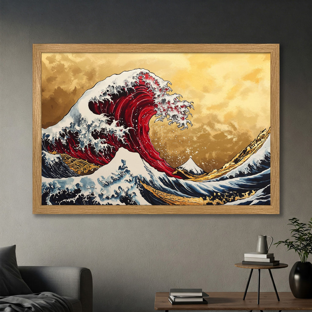 Framed Poster of Japanese wave art. Bold red, gold, and blue colors in a classic Ukiyo-e style. Perfect wall decor!
