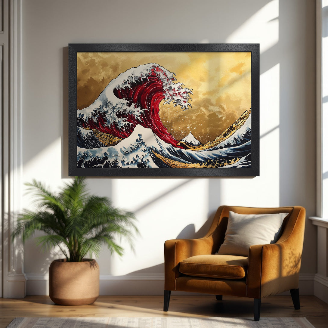 Framed Poster of a Japanese wave art print. Features red, gold, and blue colors in a stylish interior setting.