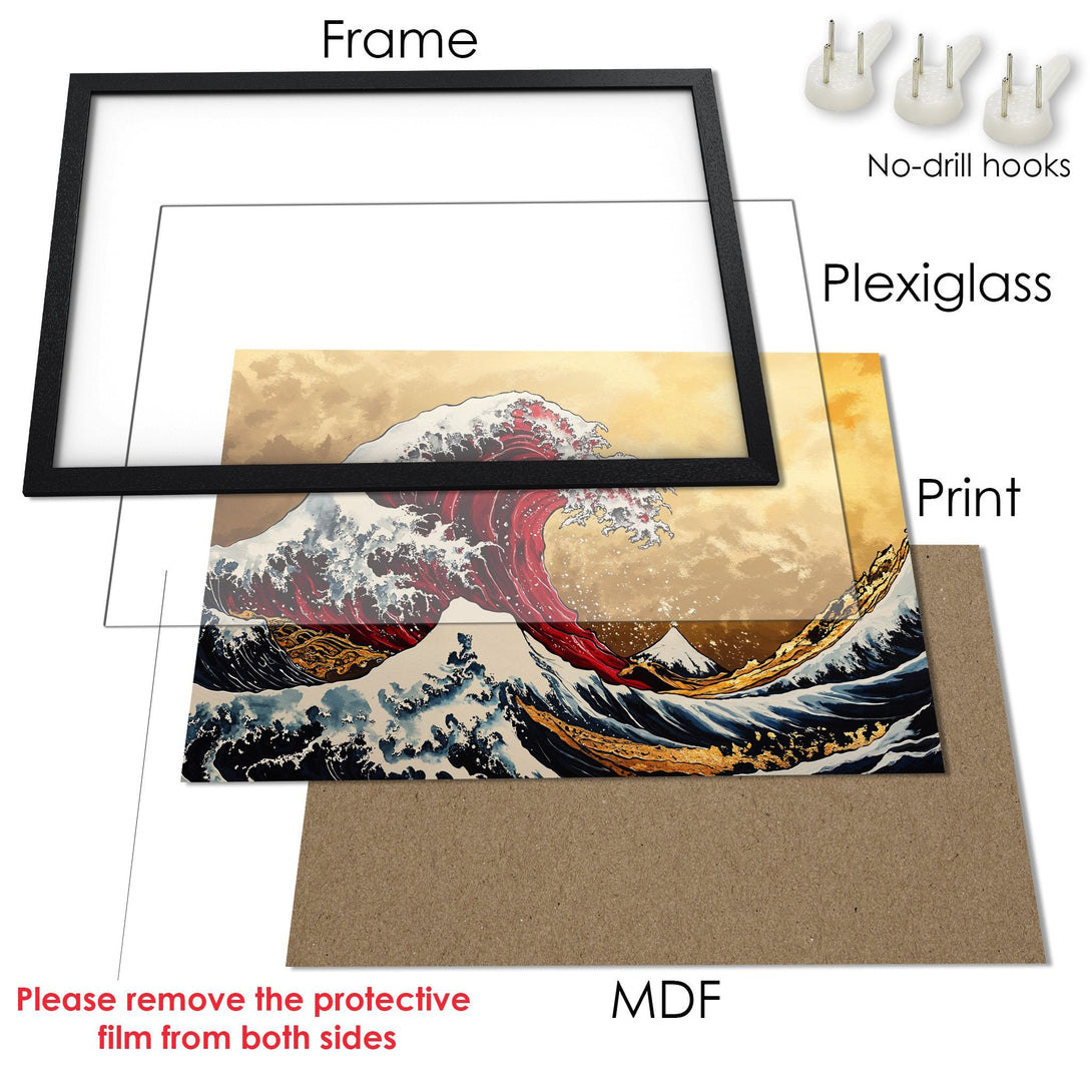 Framed Poster of a Japanese wave art print, featuring a red, gold, and blue color palette. Perfect wall decor!