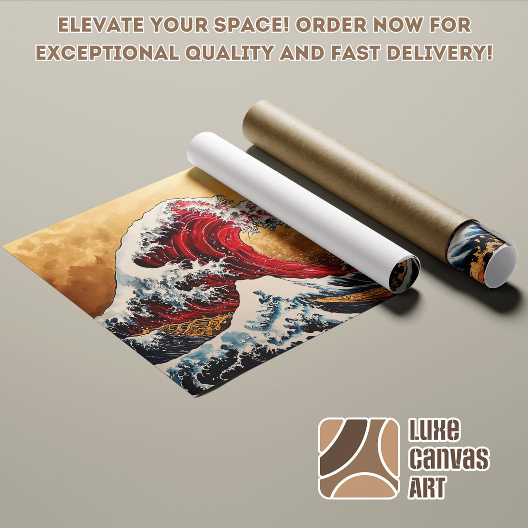 Poster Roll featuring a Japanese wave design in red, blue, and gold. Elevate your space with art!