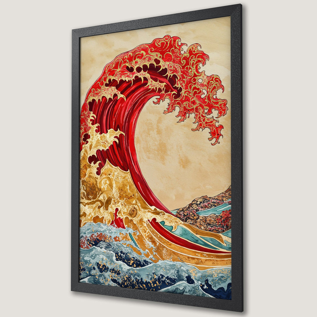 Framed Poster featuring a vibrant red wave in Japanese style, gold accents, and a warm color palette. Perfect wall art!