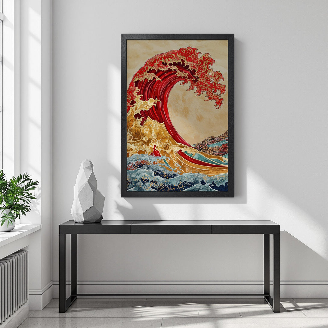 Framed Poster featuring a vibrant Japanese wave art print in red, gold, and blue. Perfect wall decor for a stylish home.