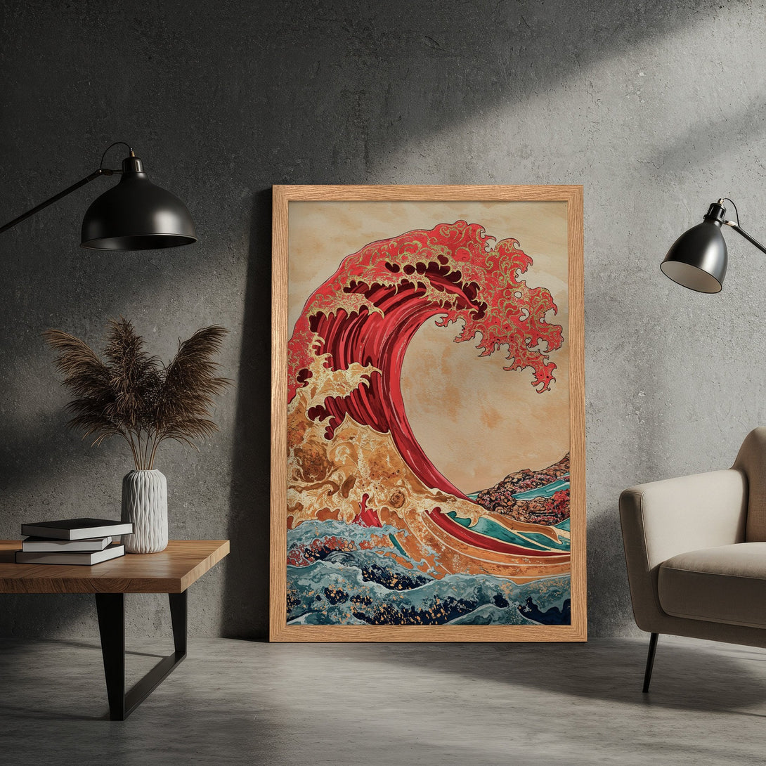 Framed Poster featuring a vibrant wave in Japanese style. Red, gold, and blue color palette. Perfect wall art for any room.