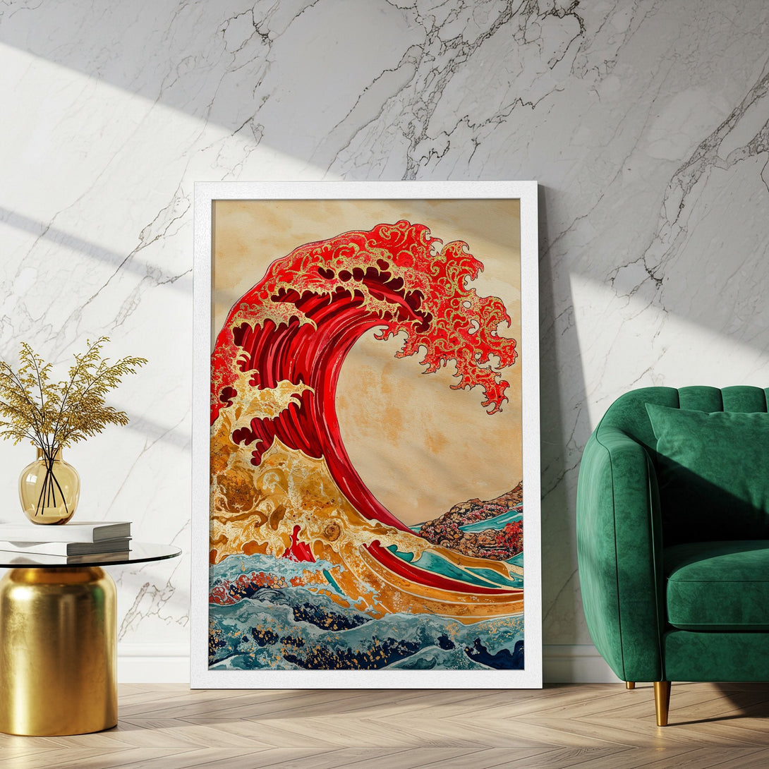 Framed Poster of a vibrant red wave in a Japanese art style, with gold accents. Earthy tones and blue hues create a stunning contrast.