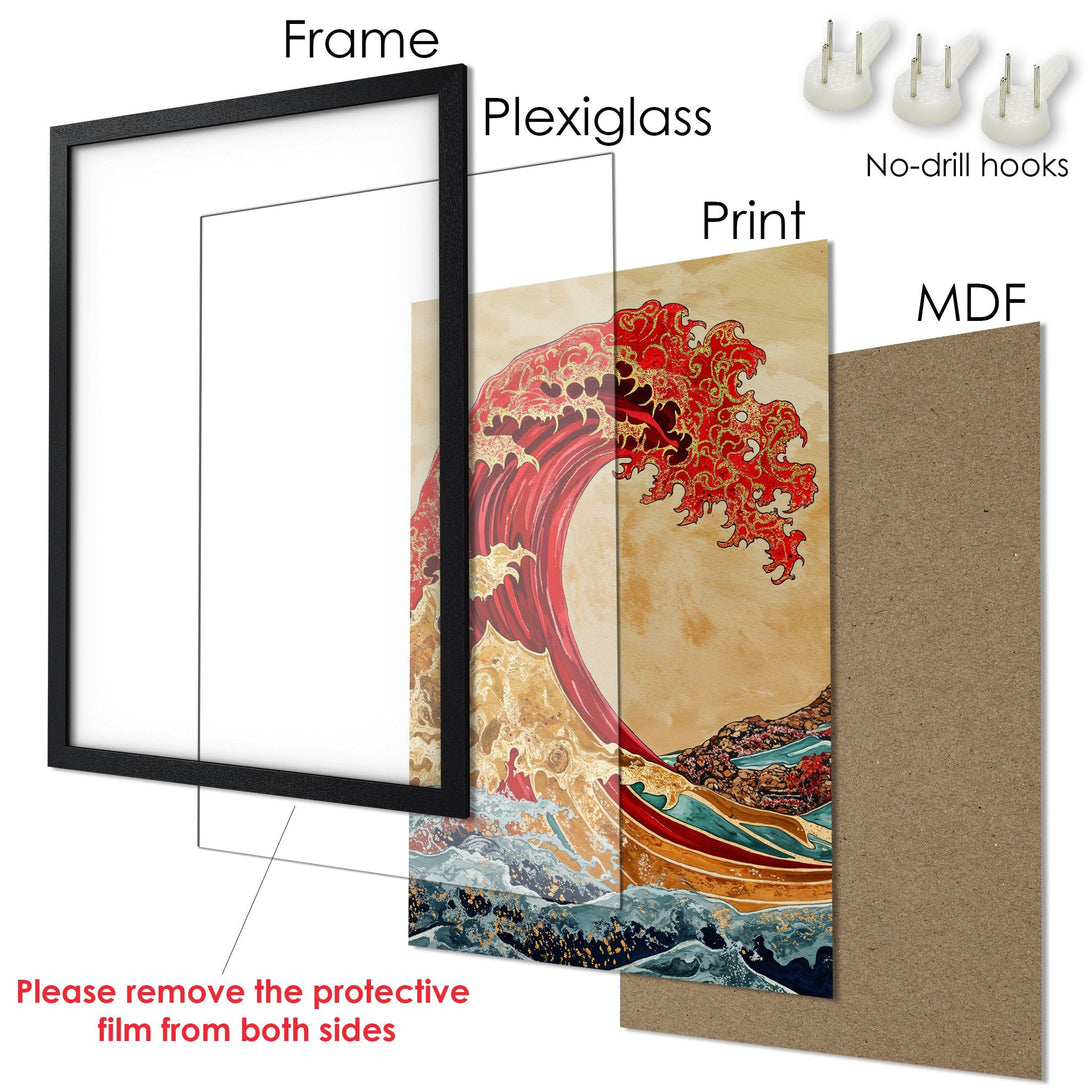 Framed Poster featuring a Japanese wave design in red, gold, and beige tones. Perfect wall art!