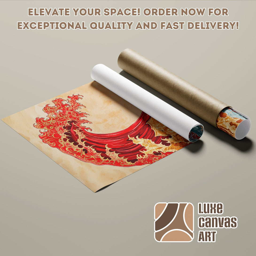 Japanese wave art poster roll in red, gold, and beige tones. Elevate your space with this stunning poster!