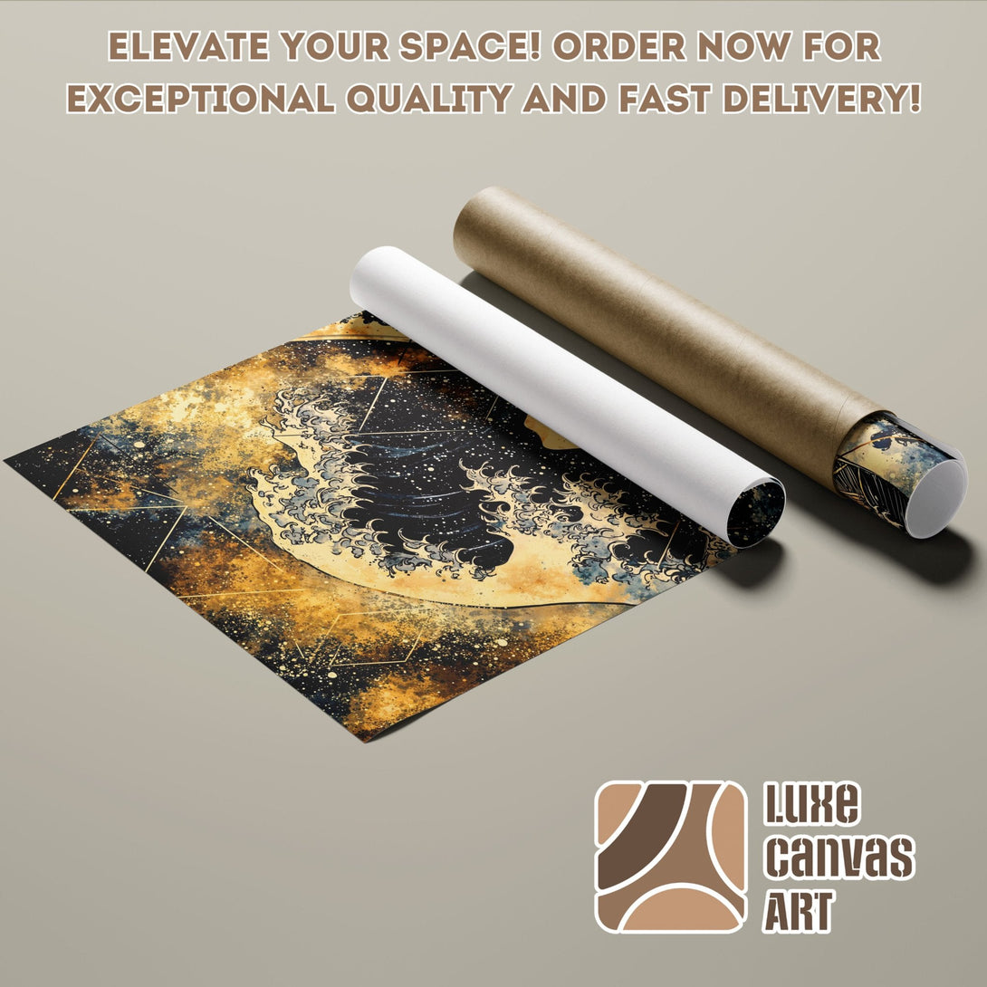 Abstract wave art Poster Roll in gold, black, and blue. Elevate your space with Luxe Canvas Art!