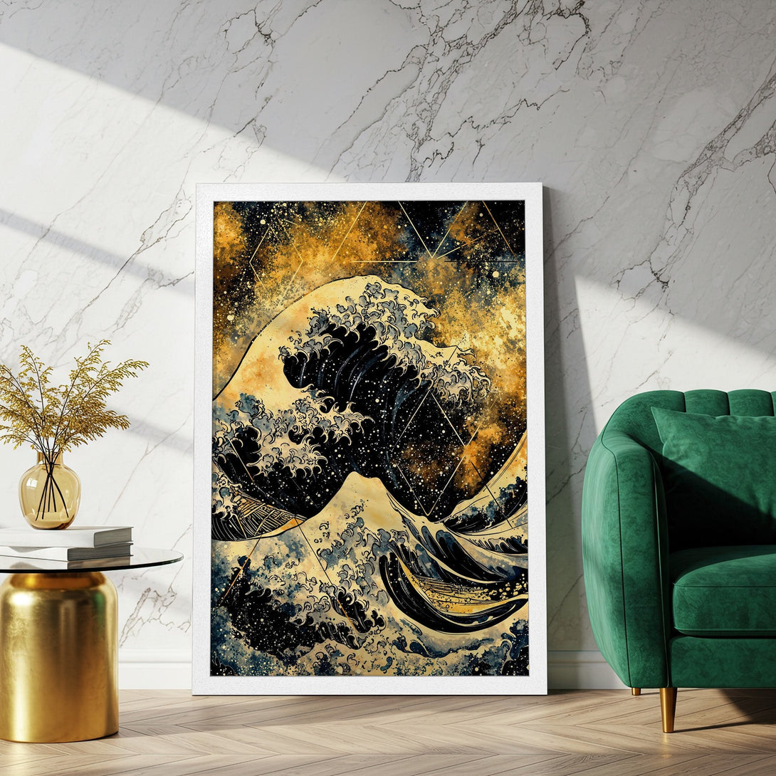 Framed Poster featuring a stylized wave illustration in a gold, black, and blue color palette. Perfect wall art for any space!