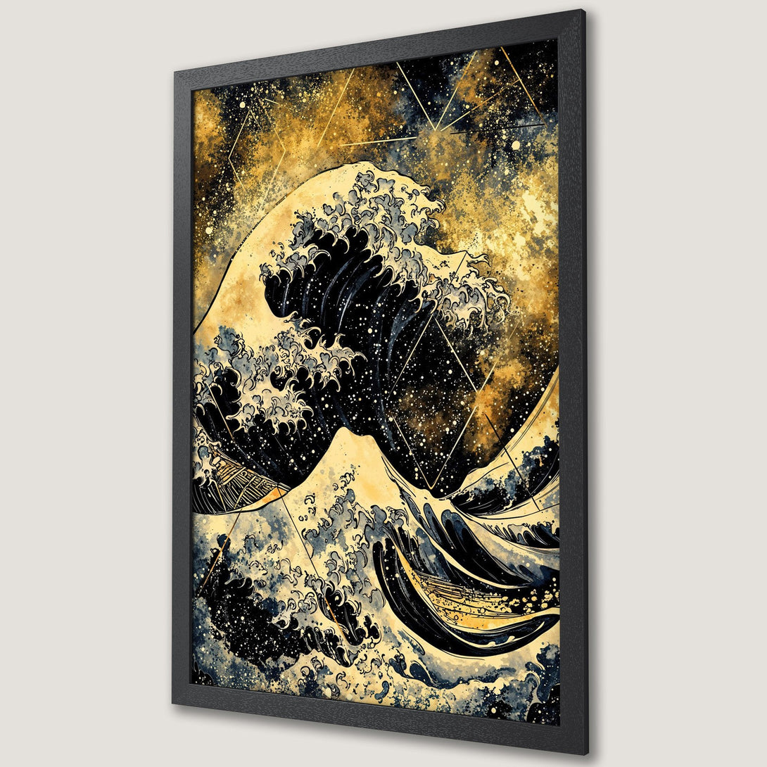 Framed Poster of Great Wave, Japanese art style, gold & blue color palette. Add a touch of art to your space!