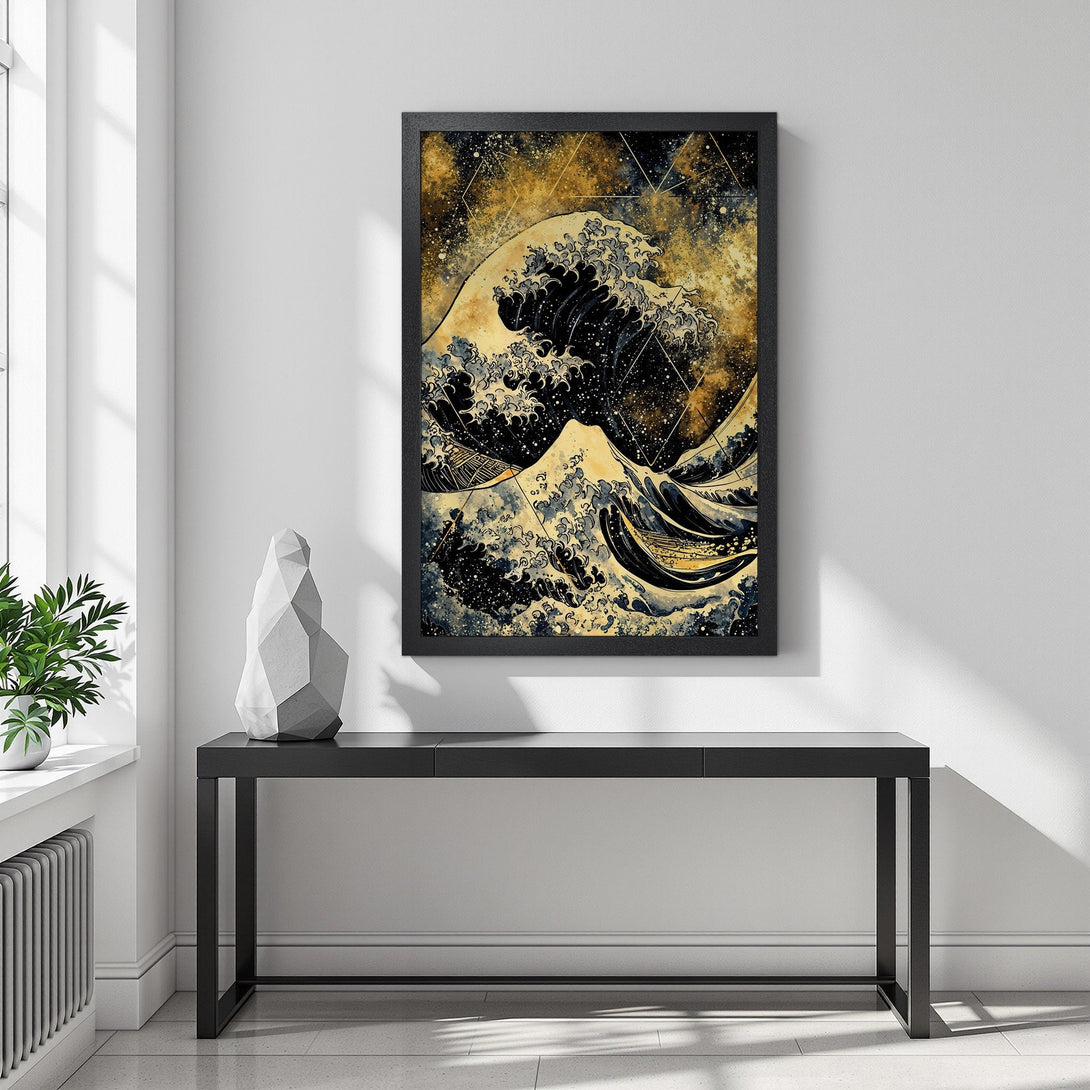Framed Poster featuring a stylized wave design in a gold and navy color palette. Perfect wall art for any space.