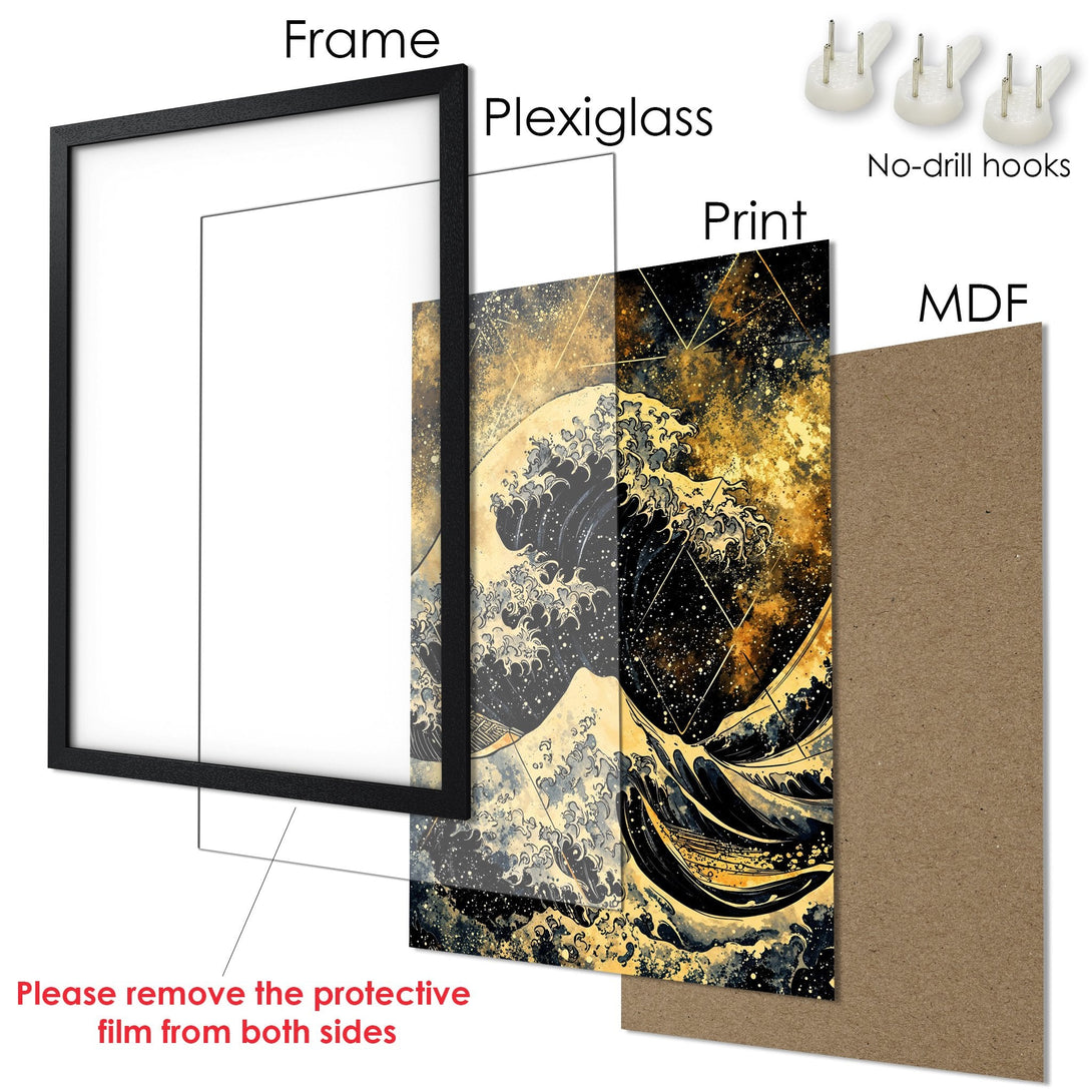 Framed Poster featuring a wave design in a gold and black color palette. Add a touch of art to your space!