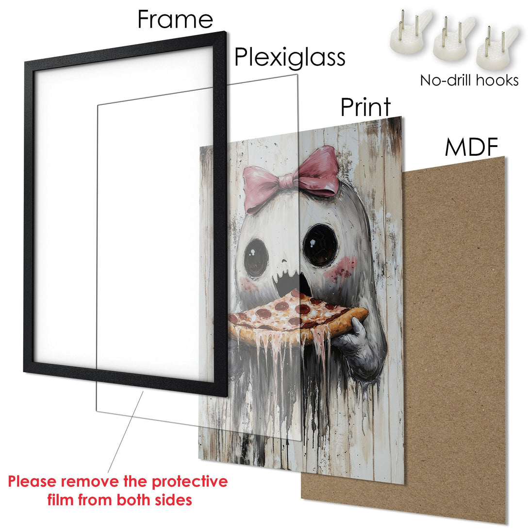 Framed Poster featuring a cute ghost eating pizza, with a whimsical style and a neutral color palette. Ready to hang!