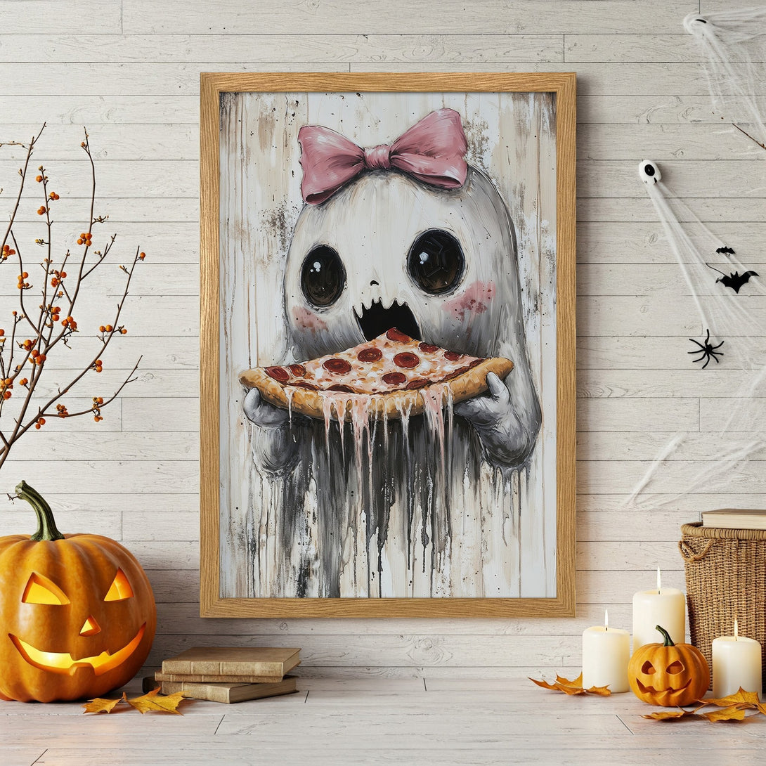 Framed Poster featuring a cute ghost eating pizza, whimsical style, with a neutral and pink color palette. Perfect Halloween decor!