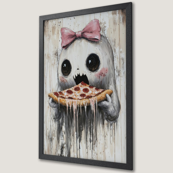 Framed Poster of a cute ghost eating pizza, whimsical art style with a neutral and pink color palette. Perfect wall decor!