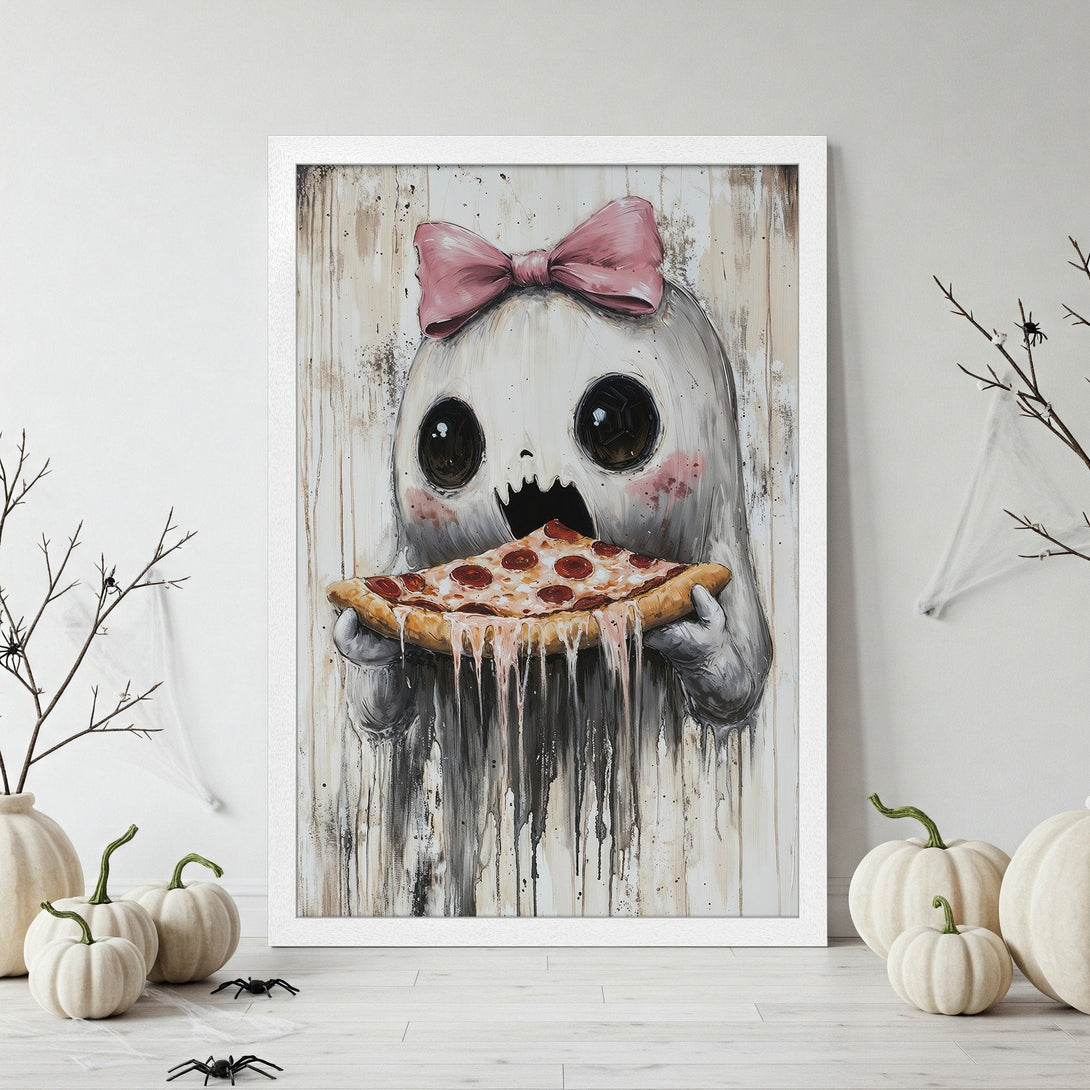 Framed Poster featuring a cute ghost eating pizza, whimsical style, with a pink bow. Neutral color palette with splashes of pink and brown.