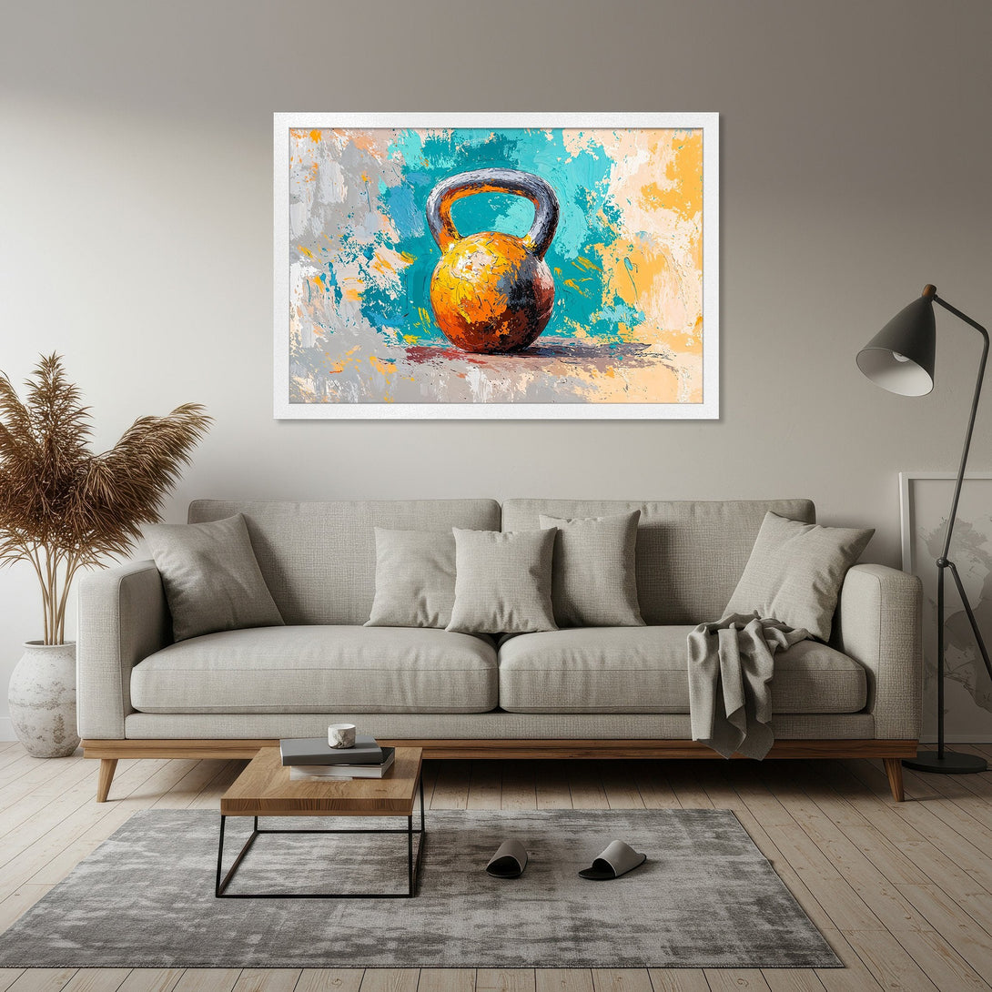 Framed Poster: Abstract kettlebell art in vibrant orange, blue, and yellow. Modern style, perfect for home gym decor.