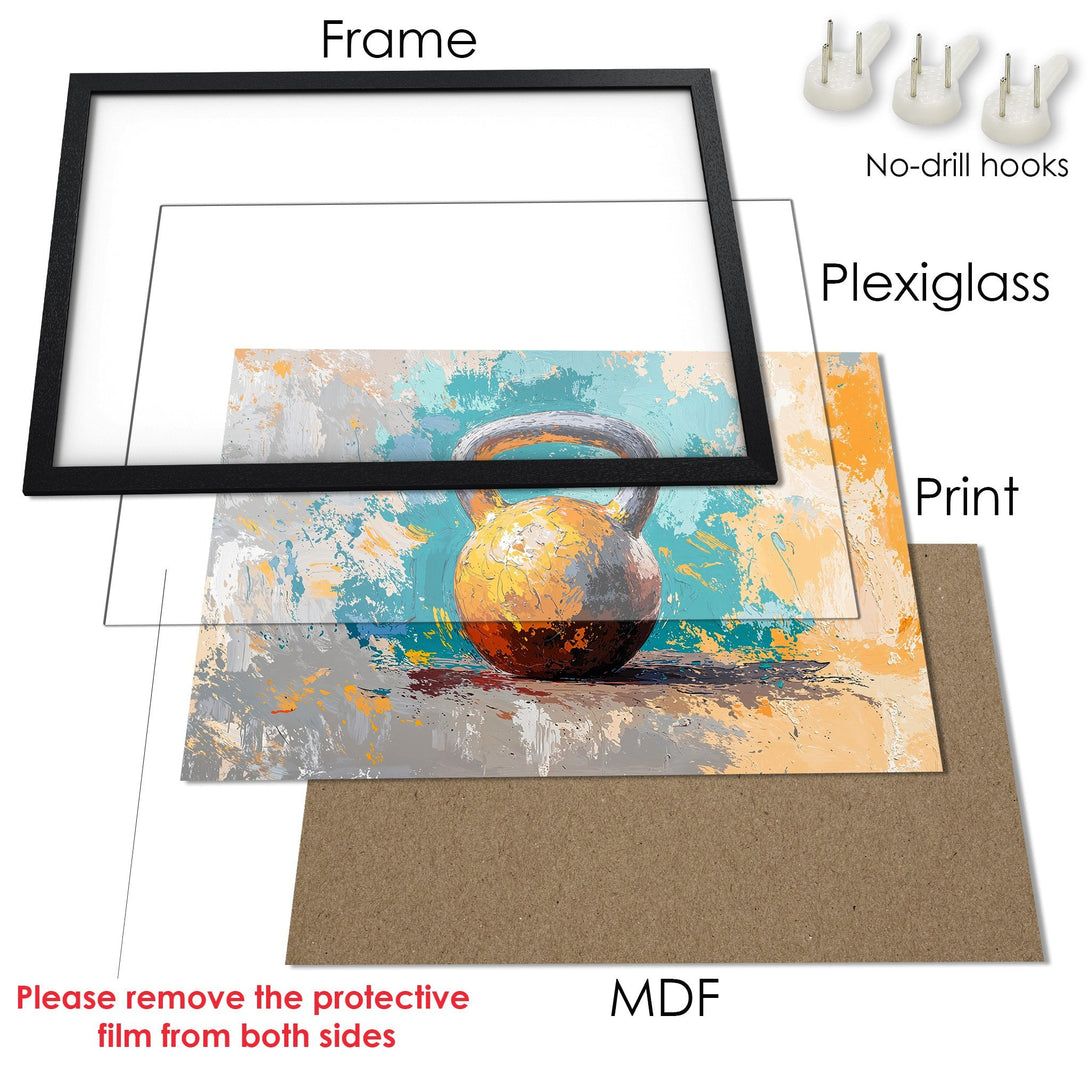Framed Poster featuring an abstract kettlebell painting. Modern art style, vibrant blue, orange, and gray color palette. Ready to hang!