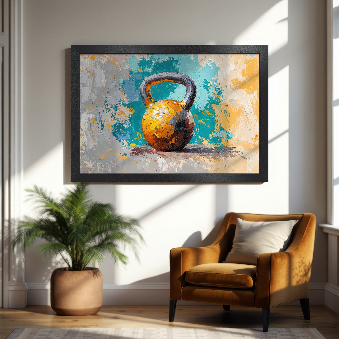 Framed Poster featuring a vibrant, abstract kettlebell painting. Bold brushstrokes in teal, orange, and gray. Perfect for home gyms!