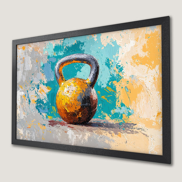 Framed Poster featuring a vibrant kettlebell painting in an abstract style with yellow, blue, and grey hues. Perfect gym decor!
