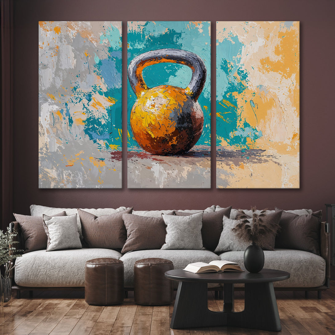 Abstract Canvas Print of a kettlebell in a modern style with a vibrant teal, orange, and gray color palette. Perfect wall art for home decor.