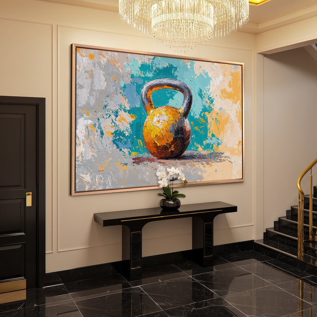 Framed Wall Art: Abstract kettlebell painting in a modern interior. Features teal, orange, and gray brushstrokes. Add a statement piece to your space!