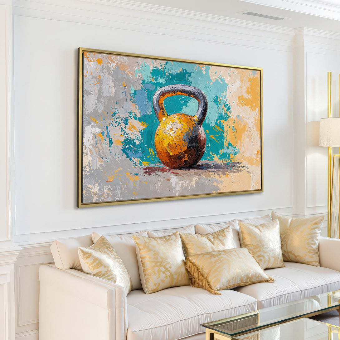 Abstract kettlebell Canvas Print in a modern living room. Features a textured, colorful palette of blues, yellows, and grays. Perfect for home gym decor!