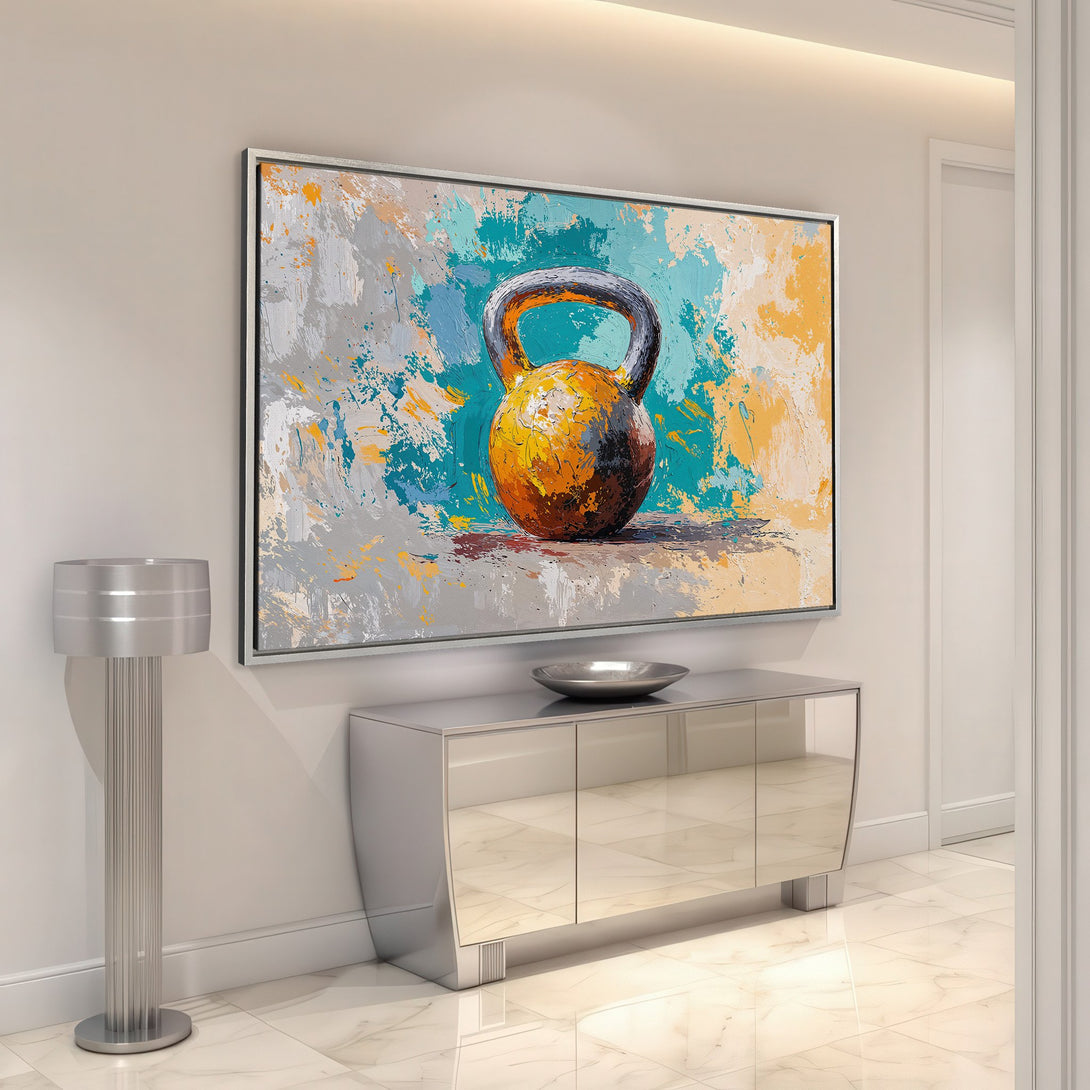 Framed Wall Art: Abstract kettlebell painting in a modern interior. Features a vibrant teal, orange, and gray color palette. Perfect for home gyms or decor.
