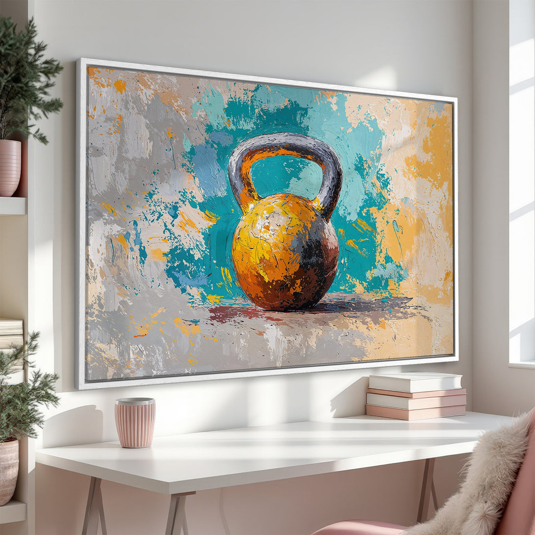 Framed Wall Art: Abstract kettlebell painting in vibrant teal, yellow, and gray. Modern fitness decor for your home gym or living space. Add art to your walls!