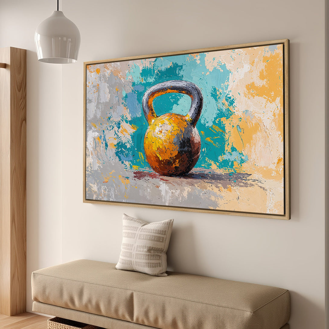 Framed Wall Art: Abstract kettlebell painting in vibrant teal, yellow, and gray. Modern, textured canvas print adds a stylish touch to any space.
