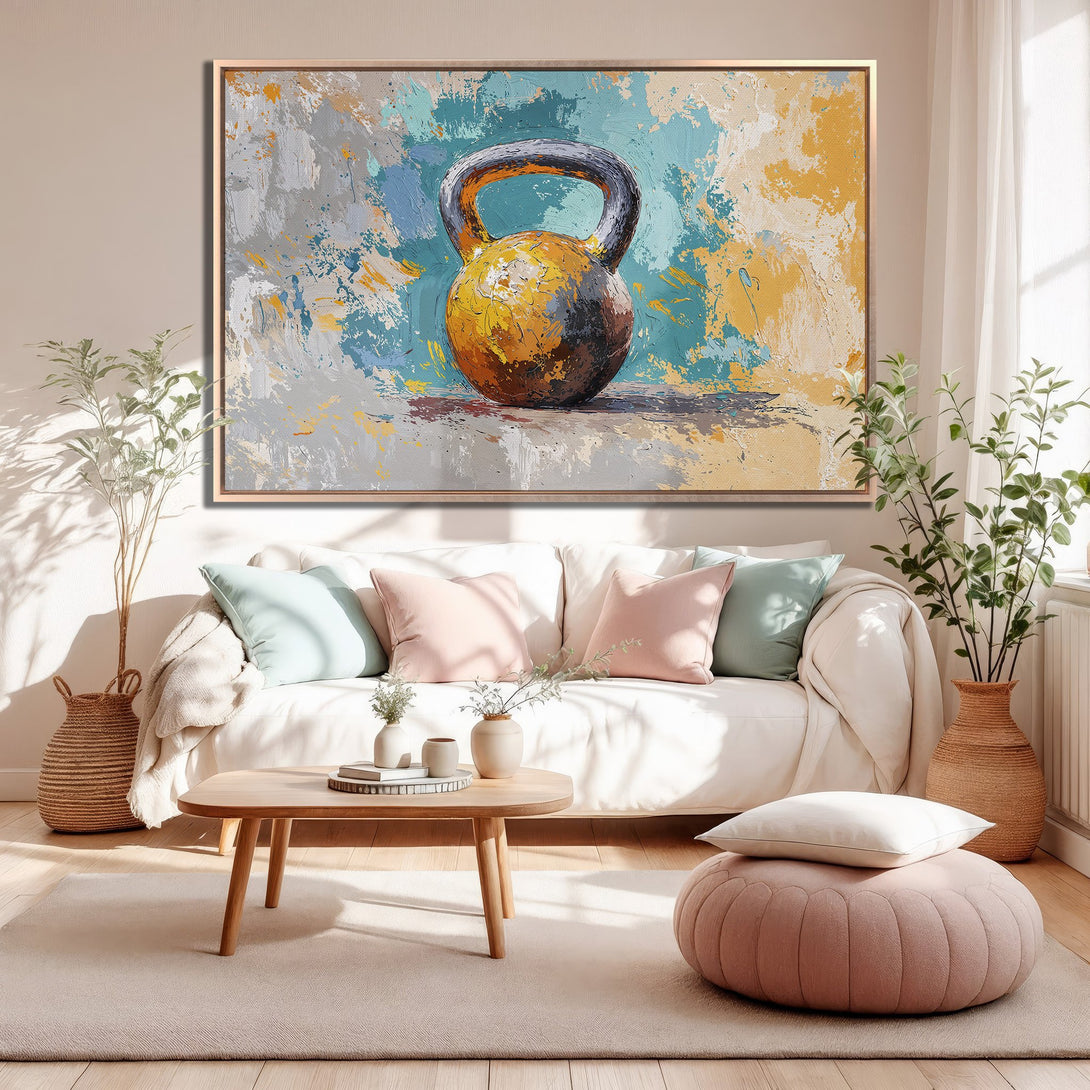 Framed Wall Art: Abstract kettlebell painting in a living room. Modern style with a warm, neutral color palette featuring yellow, blue, and gray tones.