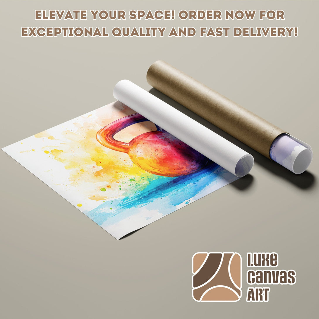 Watercolor Kettlebell Poster Roll, vibrant art with a colorful palette. Elevate your space!