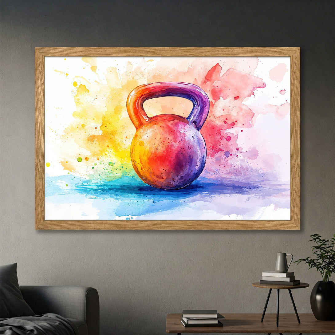 Framed Poster featuring a watercolor kettlebell in vibrant rainbow colors. Perfect for gym decor!