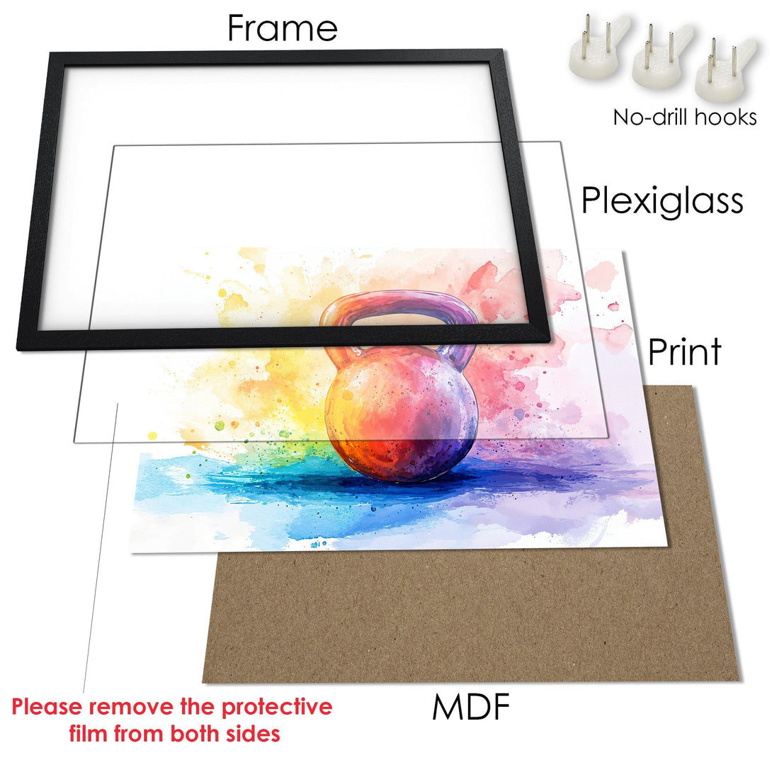 Framed Poster featuring a watercolor kettlebell design. Vibrant, colorful artwork in a rainbow palette. Perfect for home gym decor!
