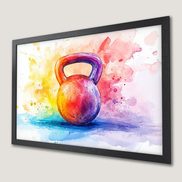 Framed Poster featuring a watercolor kettlebell. Vibrant rainbow colors on a fitness-themed art print. Perfect gym decor!