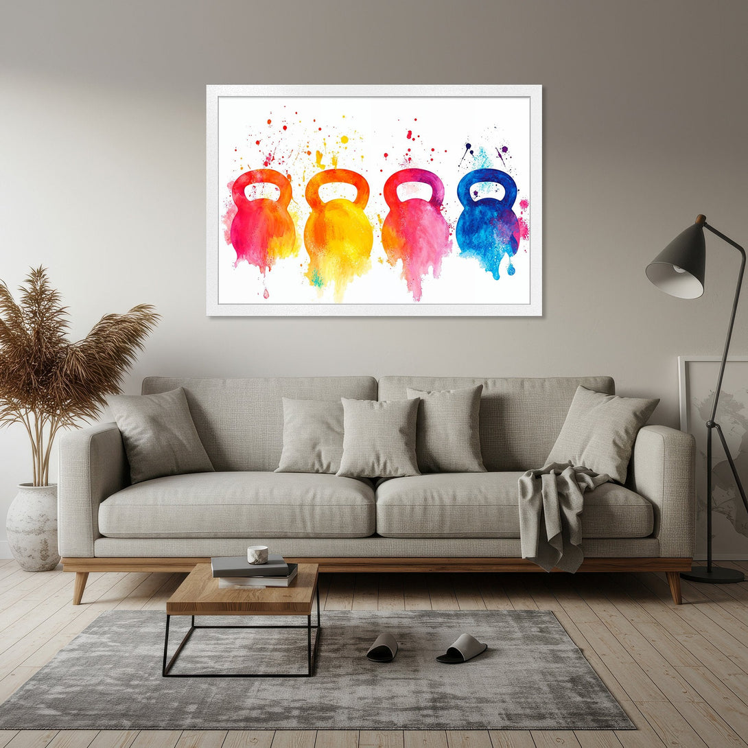 Framed Poster featuring watercolor kettlebells in vibrant rainbow colors, perfect for home gym decor.