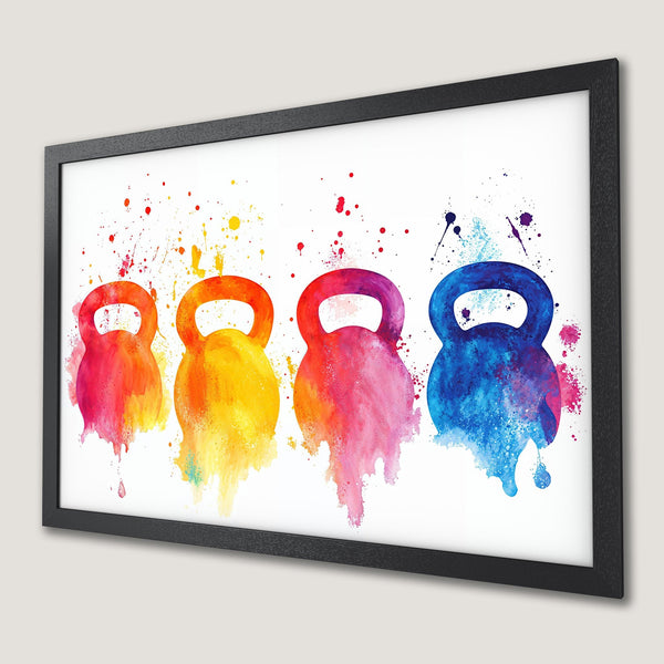 Framed Poster featuring watercolor kettlebells in vibrant rainbow colors. Fitness art for your home gym!