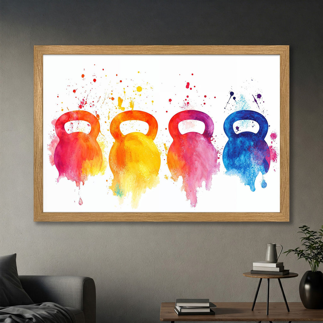 Framed Poster featuring watercolor kettlebells in vibrant red, orange, yellow, and blue hues. Perfect for gym decor!