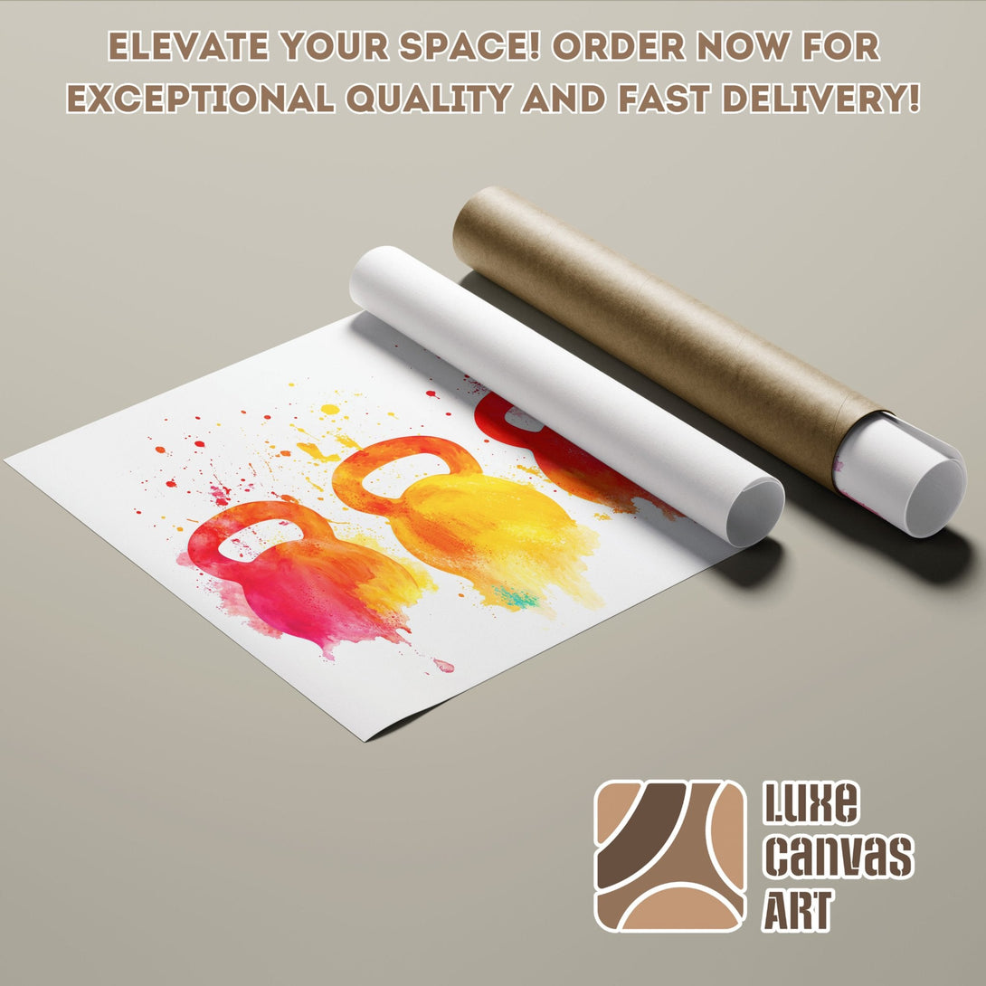 Poster Roll featuring colorful watercolor kettlebell art in red, orange, and yellow tones.