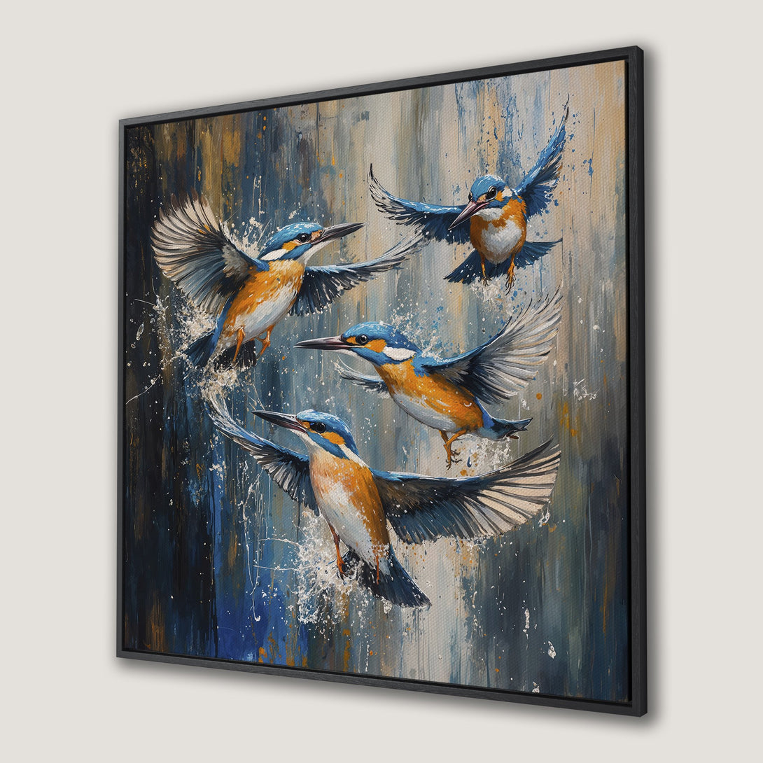 Framed Wall Art: Stunning Canvas Print of kingfishers in flight. Abstract style, blue, orange, and gold color palette. Perfect for nature lovers!